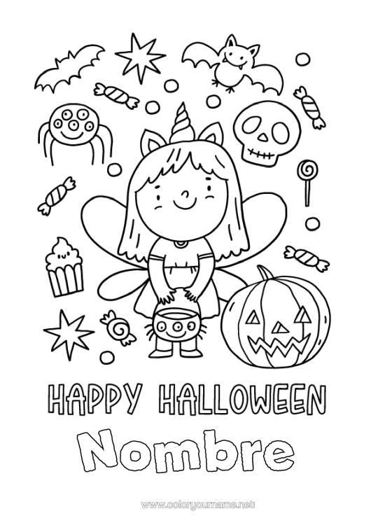 Dibujo para colorear para imprimir Disfraz Calabaza Truco O Trato Halloween Chica Hada Inscripción "Halloween"