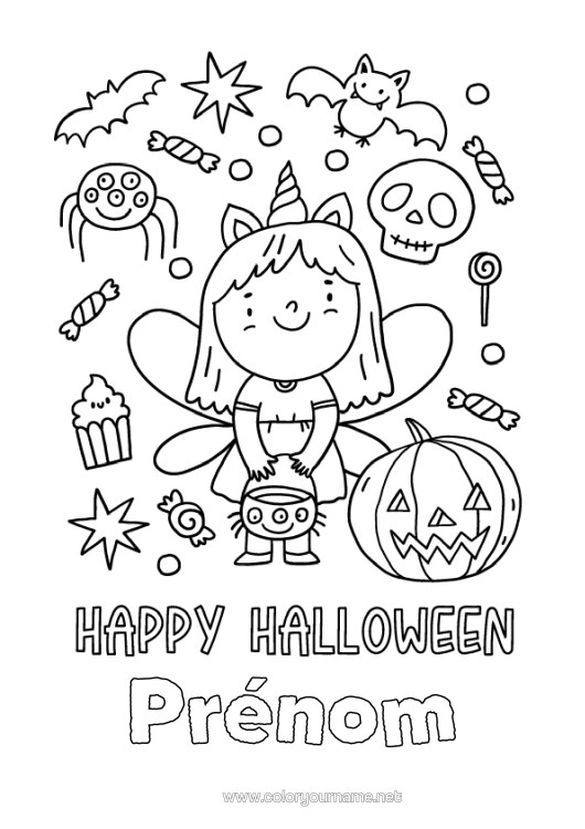 Coloriage à imprimer Déguisement Citrouille Un Bonbon Ou Un Sort ? Halloween Fille Fée Inscription &Quot;Halloween&Quot;
