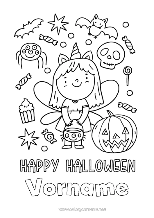 Malvorlage zum Ausdrucken Verkleidung Kürbis Ein Bonbon Oder Ein Zauber? Halloween Mädchen Fee Beschriftung "Halloween"