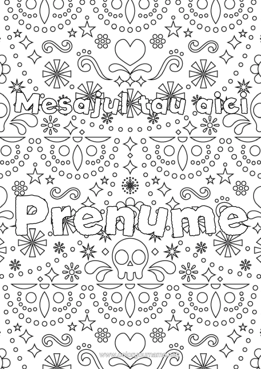 Pagină de colorat de imprimat Ziua Morților Mexic Calaveras, Capete De Mort Fundal Decorativ