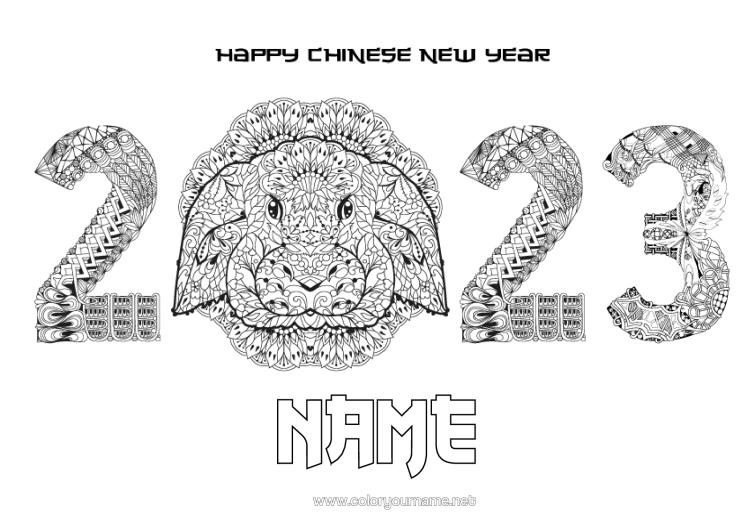 Colouring page to print Mandala Rabbit 2023 Chinese New Year Forest Animals