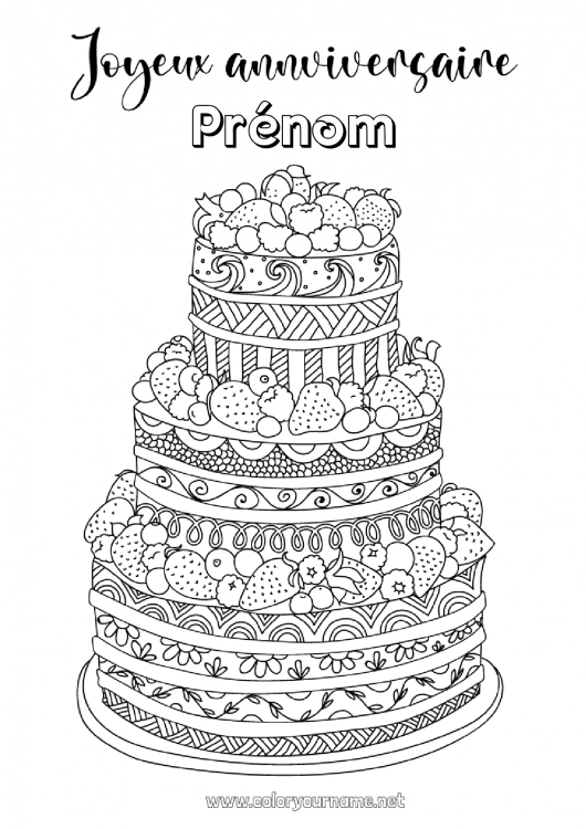 Coloriage à imprimer Gâteau Anniversaire Coloriages complexes Joyeux anniversaire (français) Message