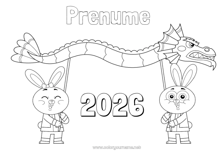 Pagină de colorat de imprimat Iepure Dragon 2023 Anul Nou Chinezesc Dragoni, unicorni și animale fantastice Animale din pădure 2025 An personalizabil