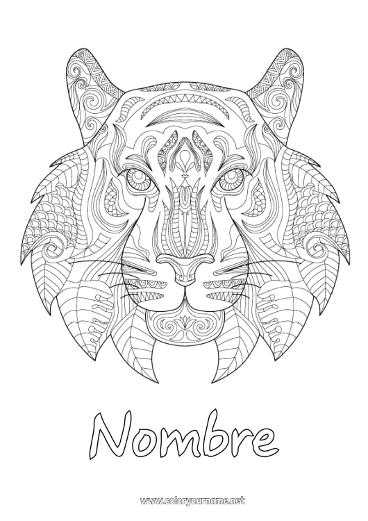 Dibujo para colorear para imprimir Mandala Tiger Animales Año Nuevo chino Zentangle Animales salvajes de África