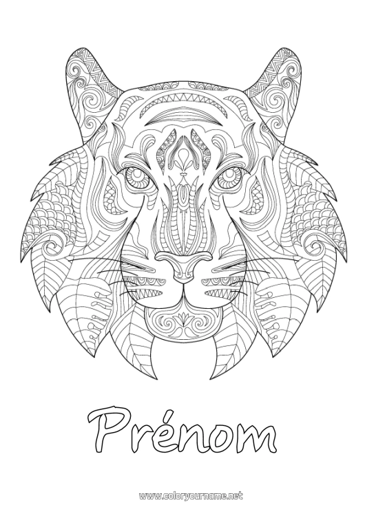 Coloriage à imprimer Mandala Tigre Animal Nouvel An chinois Zentangle Animaux sauvages d'Afrique