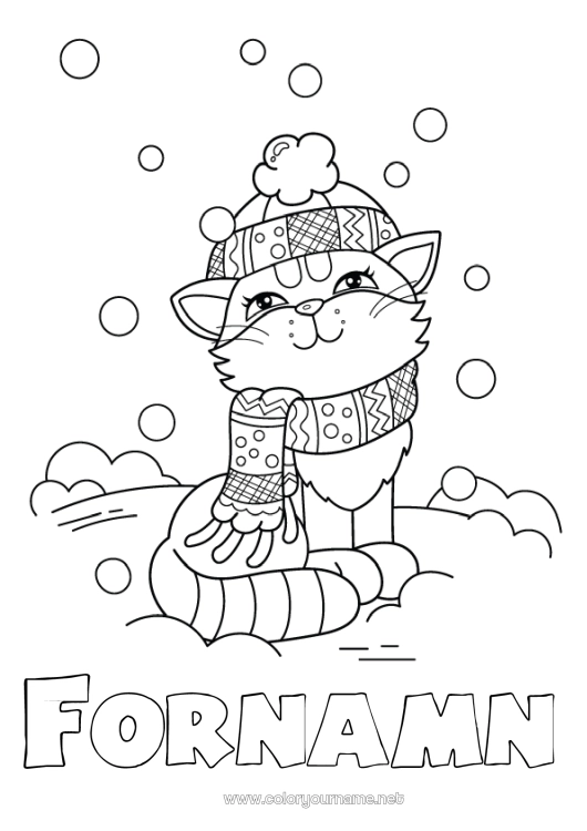 Färgläggningssida att skriva ut Söt Katt Snö Vinter Djur Hundar och katter Vintermössa