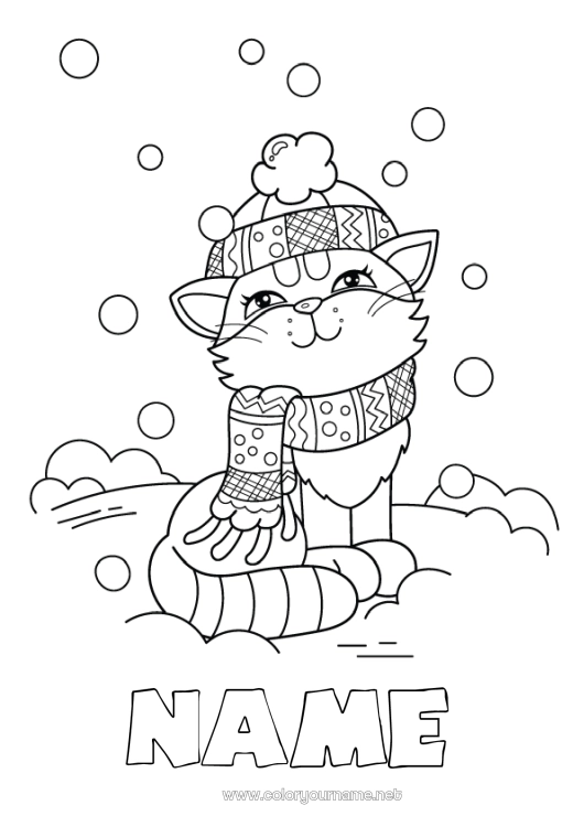 Coloring page to print Cute Cat Snow Winter Animal Dog and cat