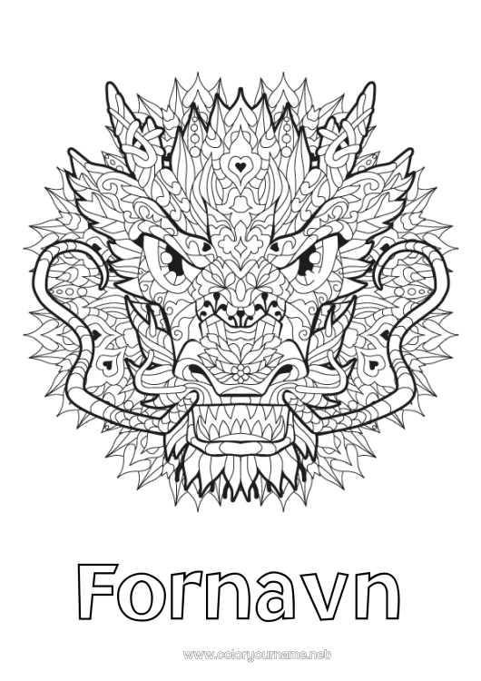 Farvelægningssiden til udskrivning Mandala Drage Dyr Kinesisk nytår Komplekse farvelægninger Drager, enhornede heste og fantastiske dyr