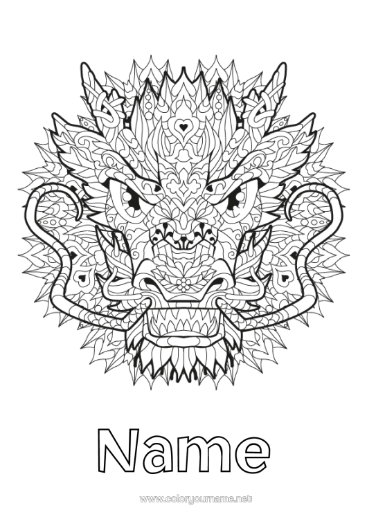 Colouring page to print Mandala Dragon Animal Chinese New Year Complex Colouring Pages Dragons, Unicorns, And Fantastical Creatures