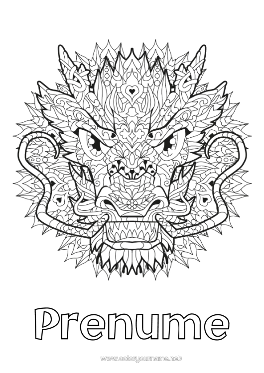 Pagină de colorat de imprimat Mandala Dragon Animal Anul Nou Chinezesc Desene de colorat complexe Dragoni, unicorni și animale fantastice