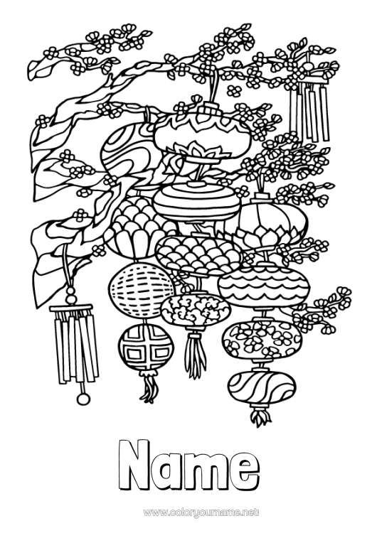 Colouring page to print Chinese New Year Chinese Lantern Cherry Tree