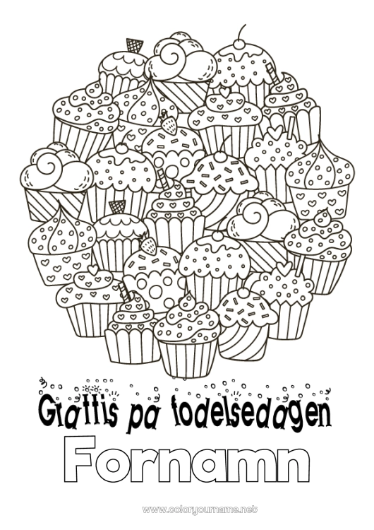 Färgläggningssida att skriva ut Kaka Födelsedag Muffins Komplexa målarbilder Grattis på födelsedagen!