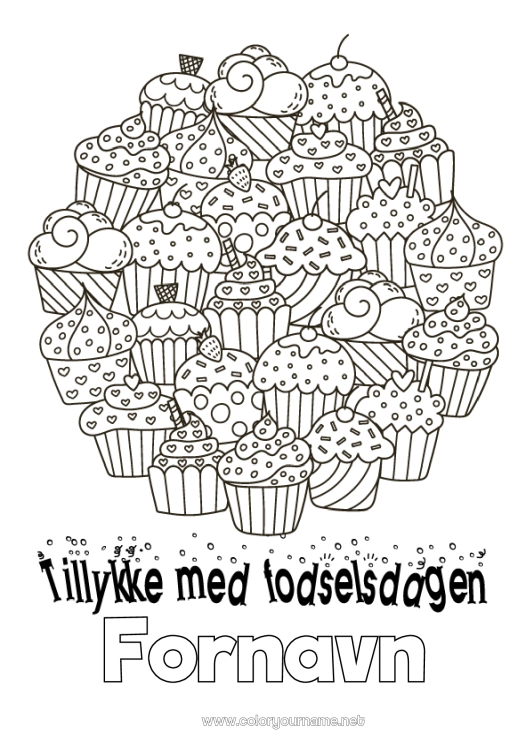 Farvelægningssiden til udskrivning Kage Fødselsdag Muffin Komplekse farvelægninger Tillykke med fødselsdagen!