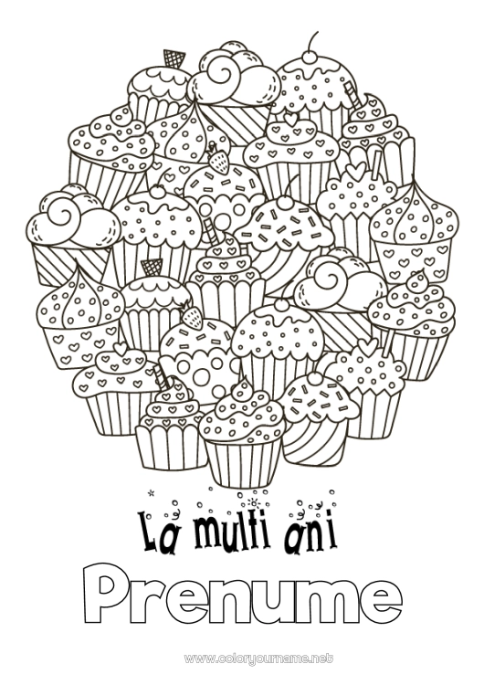 Pagină de colorat de imprimat Tort Aniversare Brioșă Desene de colorat complexe La mulți ani!
