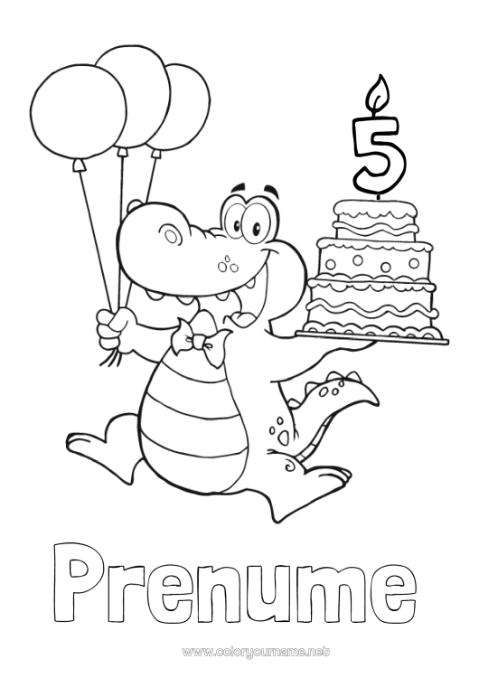 Pagină de colorat de imprimat Lumânare Tort Aniversare Baloane Crocodil Animal Desene de colorat ușoare Vârstă personalizabilă de sărbătorit Reptile