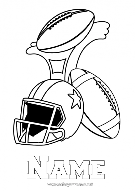 Coloring page to print Sport Super Bowl Rugby Cup, trophy, medal USA American football ball Team sports Competitions and Rewards