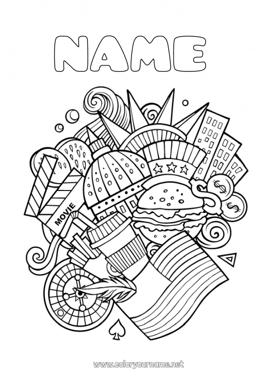 Coloring page to print Mandala Food USA Geography Hamburger