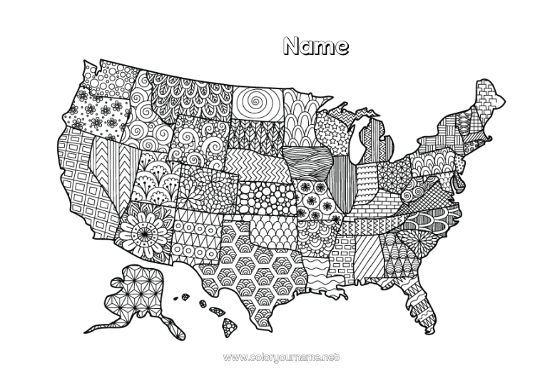 Colouring page to print United States Of America Geography Zentangle