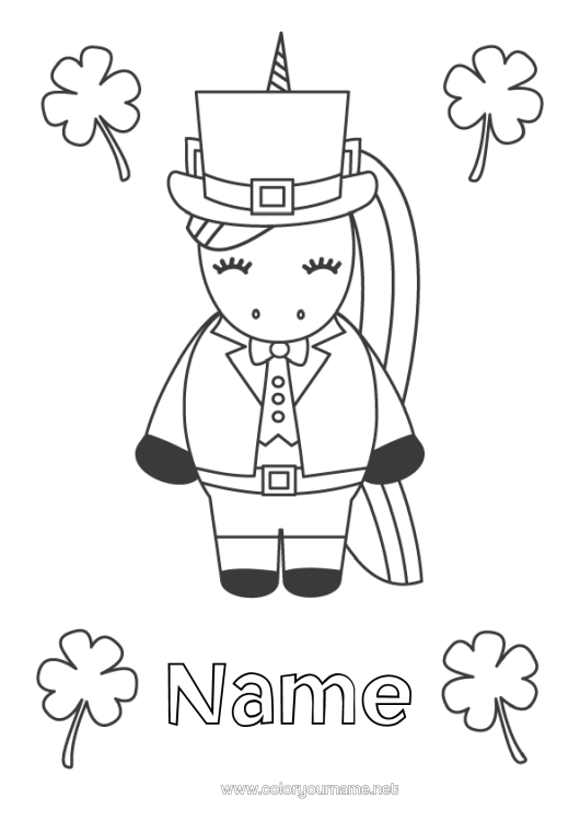 Colouring page to print Unicorn Animal Clover St Patrick's Day Dragons, Unicorns, And Fantastical Creatures