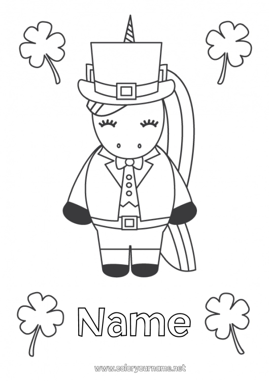 Coloring page to print Unicorn Animal Clover Saint Patrick's Day Dragons, unicorns and fantastic animals