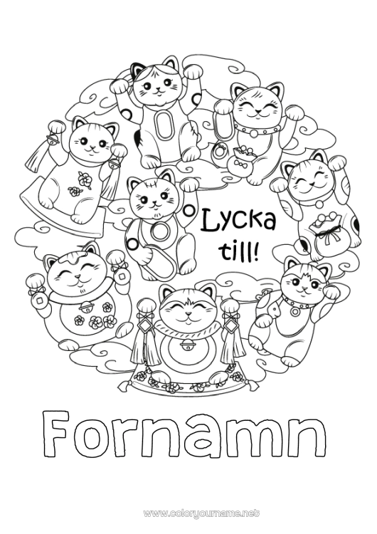 Färgläggningssida att skriva ut Katt Djur Tur Japan Maneki Neko Hundar och katter