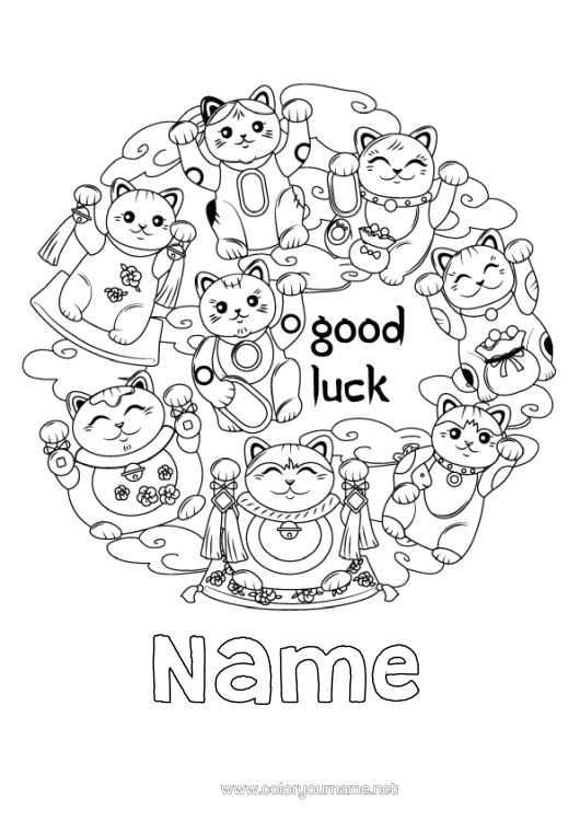 Colouring page to print Cat Animal Fortune Japan Maneki Neko Dogs And Cats