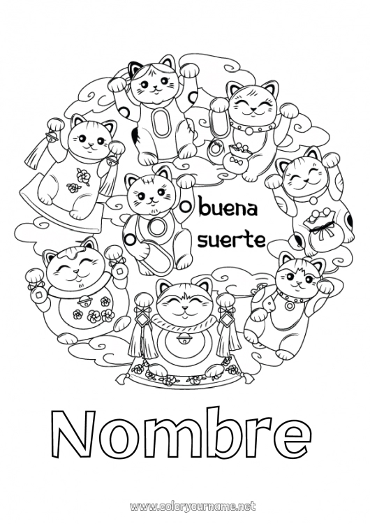 Dibujo para colorear para imprimir Cat Suerte Japón Maneki Neko Perros y gatos