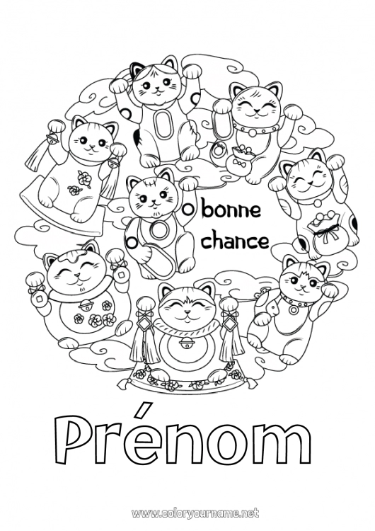 Coloriage à imprimer Chat Chance Japon Maneki Neko Chiens et chats