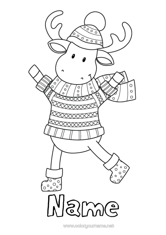 Colouring page to print Winter Sheep Reindeer Christmas Elves Farm Animals Forest Animals Sweater