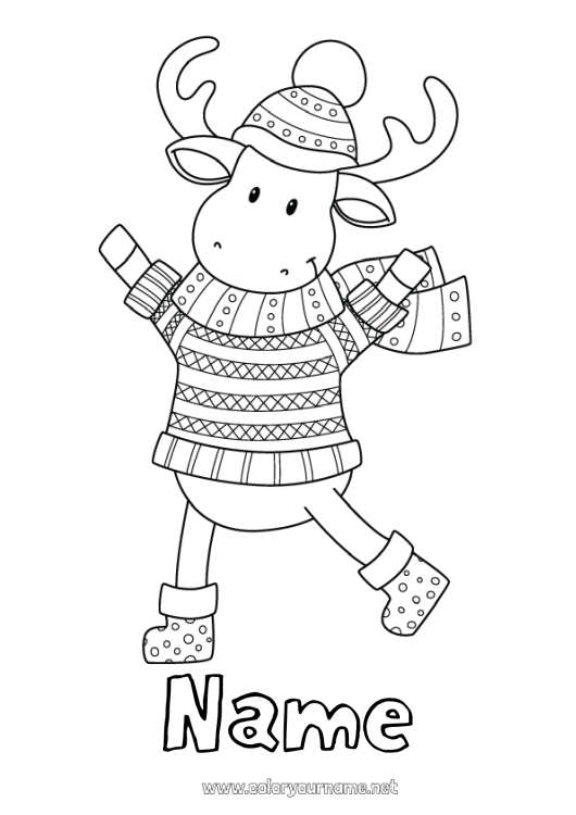 Coloring page to print Winter Sheep Reindeer Christmas elves Farm animals Forest animals Sweater