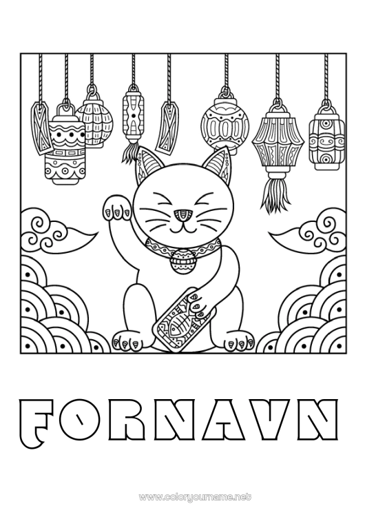 Fargeleggingssiden til utskrift Katt Kinesisk lanterne Sjanse Japan Maneki Neko Hunder og katter