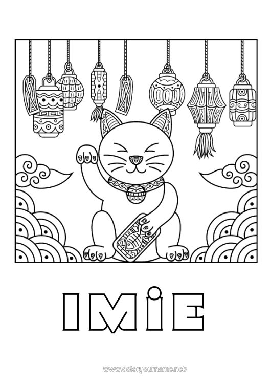 Kolorowanka do wydruku Kot Chińska latarnia Szansa Japon Maneki Neko Psy i koty