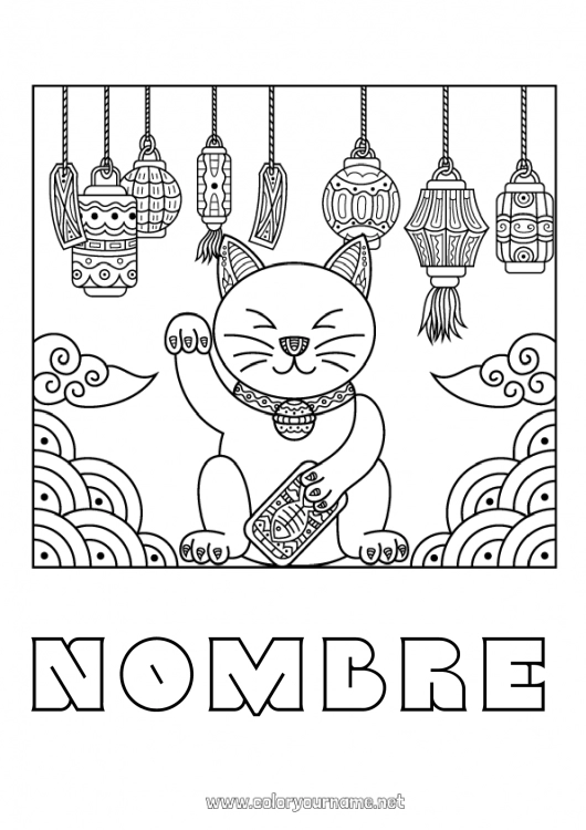 Dibujo para colorear para imprimir Cat Linterna china Suerte Japón Maneki Neko Perros y gatos