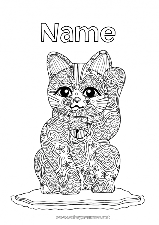 Coloring page to print Mandala Luck Japan Maneki Neko