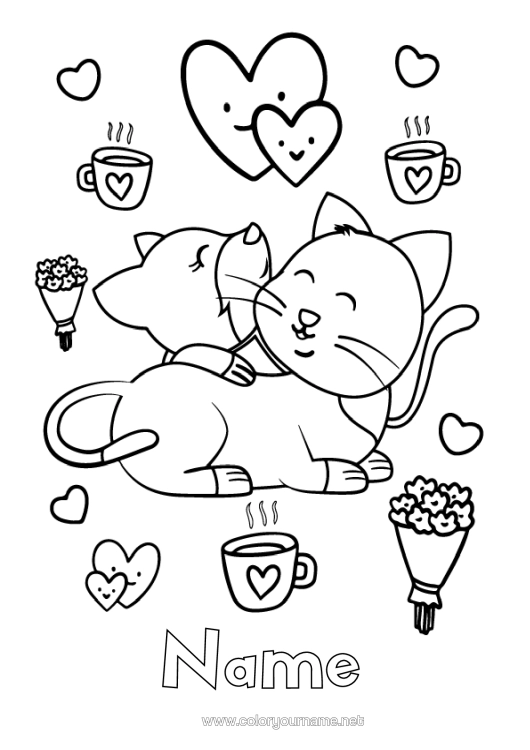 Colouring page to print Heart Cat Mum Grandma I Love You. Animal Valentine's Day Dogs And Cats Hug