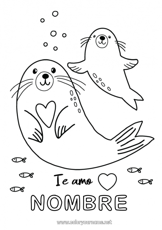 Dibujo para colorear para imprimir Corazón Papá Mamá Abuela Te amo Mar Animales Foca Mensaje 