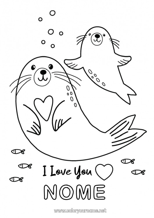 Página de desenho para imprimir Coração Papai Mamãe Vovó Eu te amo Mar Animal Foca Mensagem de 