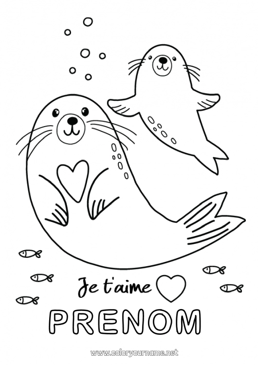 Coloriage à imprimer Coeur Papa Maman Mamie Je t'aime Mer Animal Phoque 