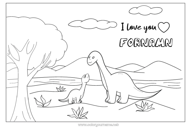 Färgläggningssida att skriva ut Pappa Mamma Dinosaurier Jag älskar dig. Djur