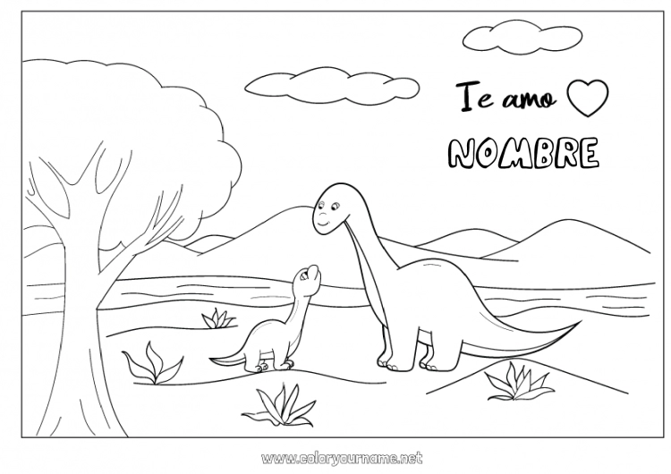 Dibujo para colorear para imprimir Papá Mamá Dinosaurios Te amo Animales Mensaje 