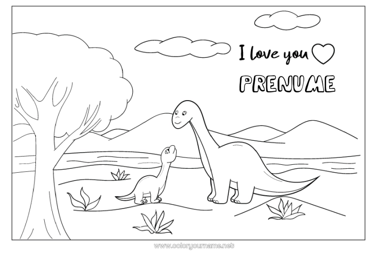 Pagină de colorat de imprimat Tată Mama Dinozauri Te iubesc. Animal