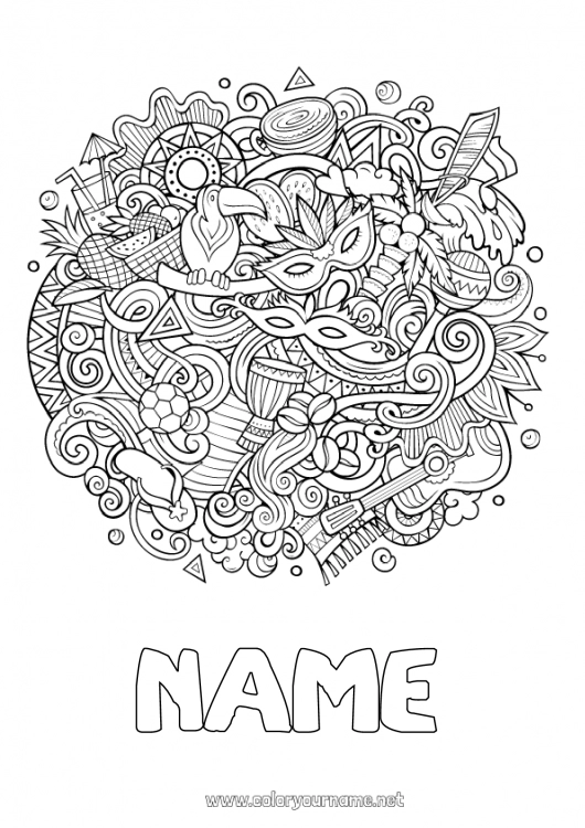 Coloring page to print Fancy dress Mask Carnival Shrove Tuesday Geography Complex coloring pages Country Brazil World Music Day Maracas Musical instruments