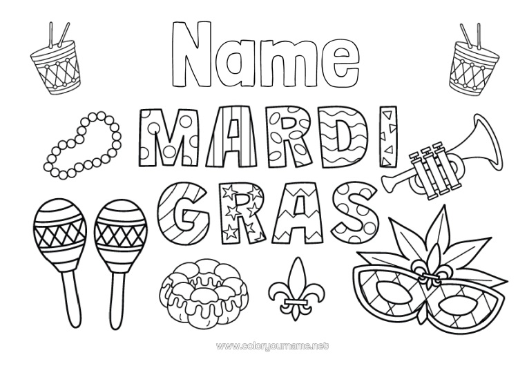 Colouring page to print Mask Carnival Mardi Gras Maracas Musical Instruments