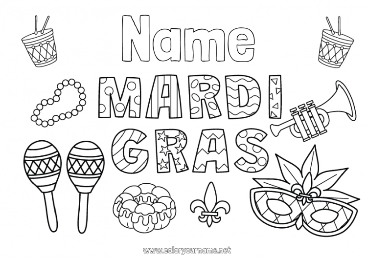 Coloring page to print Mask Carnival Shrove Tuesday Maracas Musical instruments