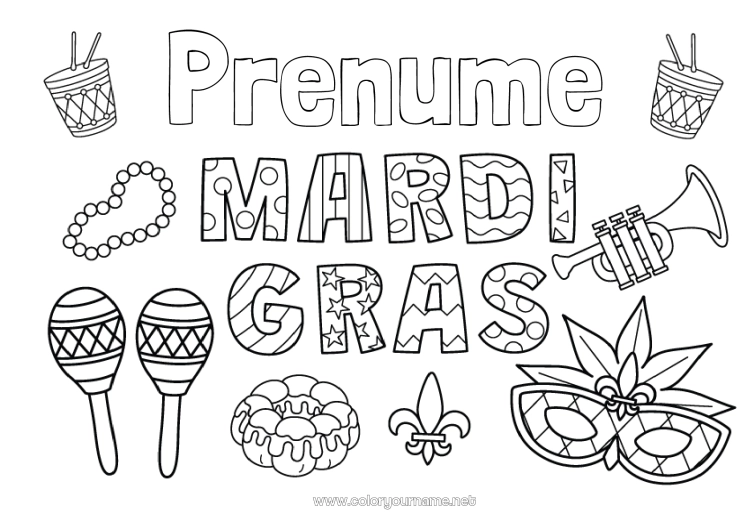 Pagină de colorat de imprimat Mască Carnaval Marțea Grasă Maracas Instrumente muzicale