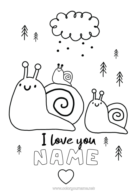 Colouring page to print Dad Mum I Love You. Animal Snail "I Love You" Rain Animal Family Cub