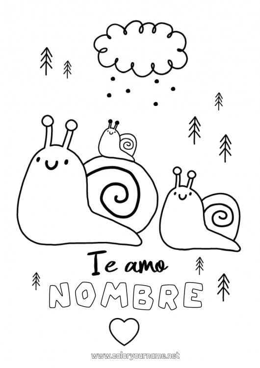 Dibujo para colorear para imprimir Papá Mamá Te amo Animales Caracol Mensaje 