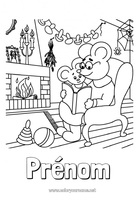 Coloriage à imprimer Mamie Papi Automne Souris Champignon Animaux de la forêt