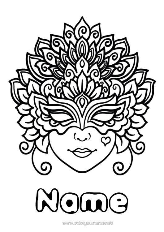 Colouring page to print Mask Carnival Mardi Gras