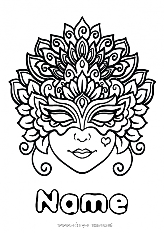 Coloring page to print Mask Carnival Shrove Tuesday